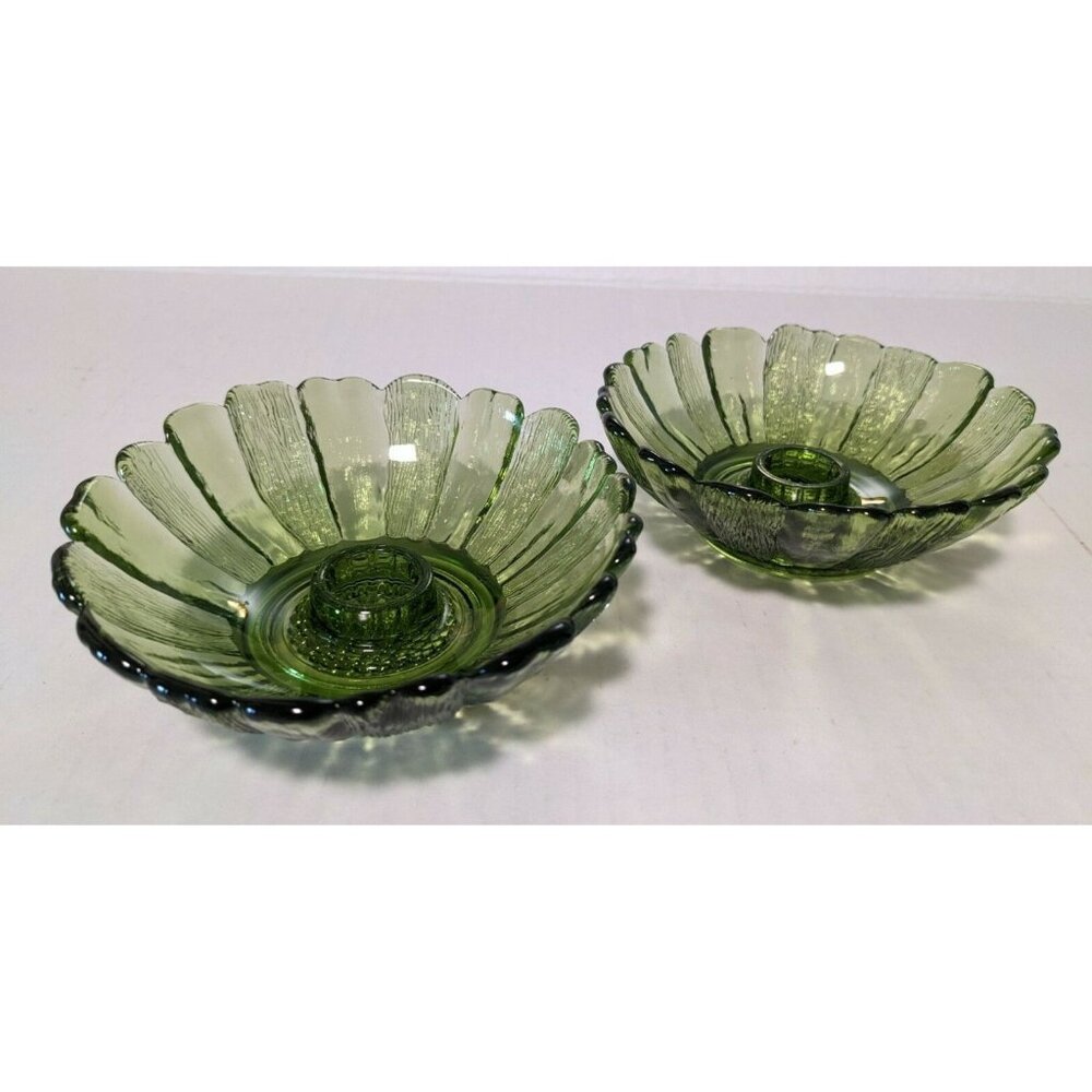 Vintage Lot Of 2 Indiana Glass Candle Holder Textured Green Sunflower Design 5" - Picture 3 of 6
